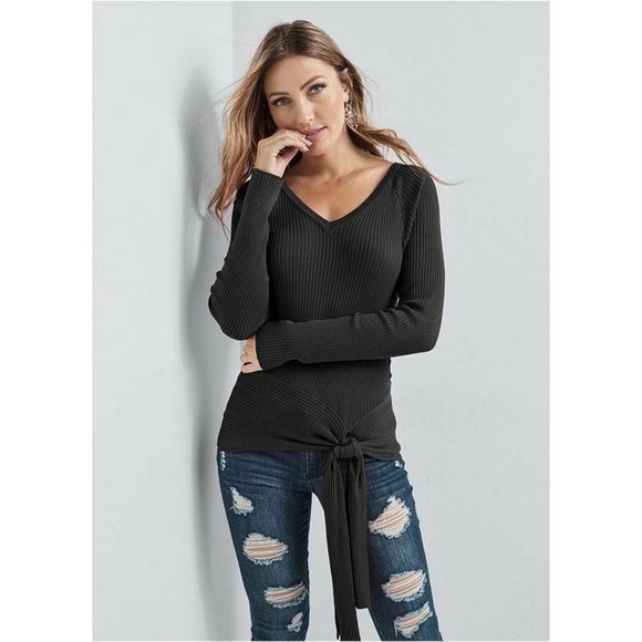 Venus Sweaters - VENUS Ribbed Tie Detail Sweater BLACK size SMALL